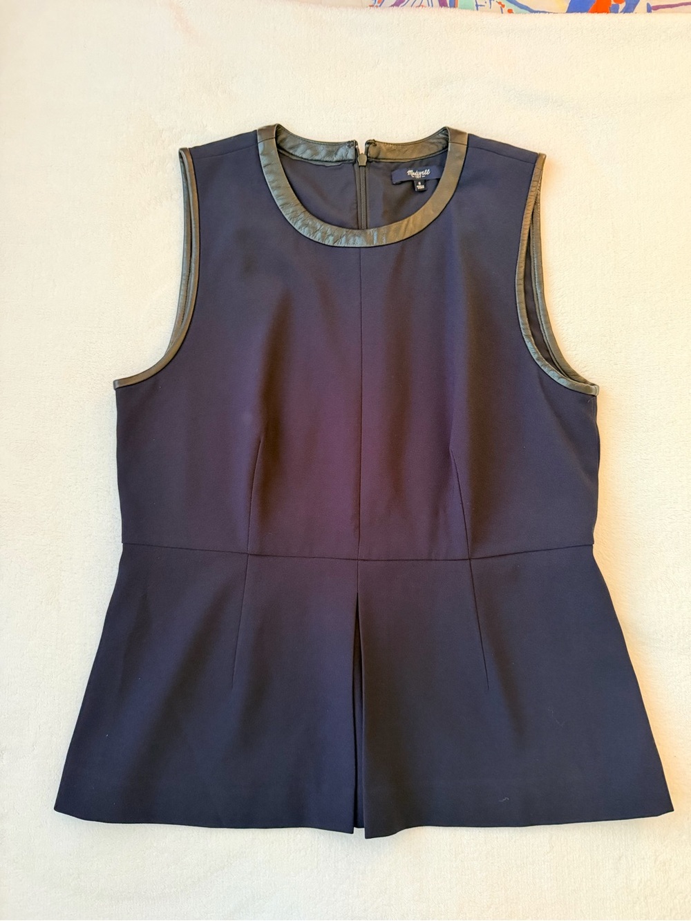Madewell Navy Leather Trim Sleeveless Peplum Top – Size 8
